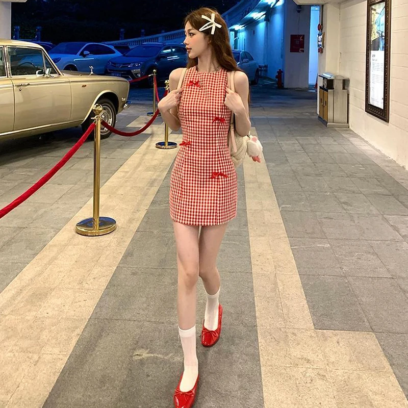 

2024 New Three Dimensional Bows Mini Dress For Women Vintage Sleeveless High Waist Dresses French Style Contrast Plaid Vestidos