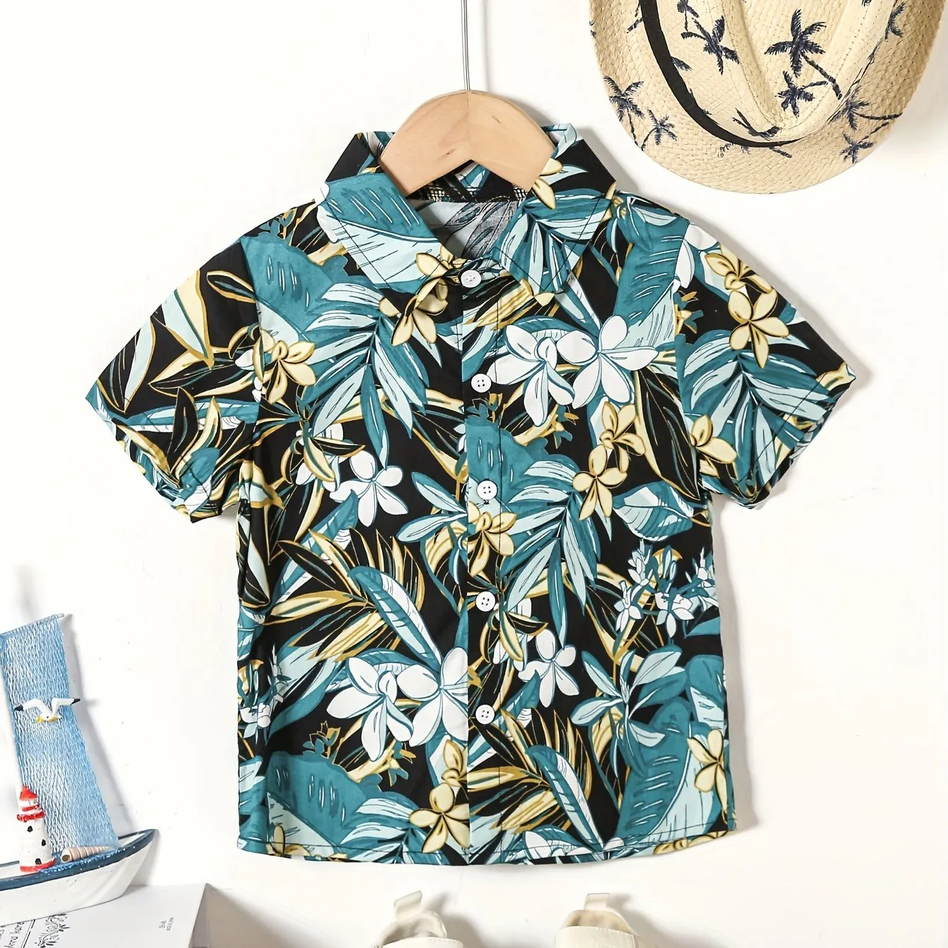 Children\'s Boy\'s Clothing Summer Hawaiian Shirt Boy Party Style Floral and Leaf 3D Print Short Sleeve Lapel T-Shirt for Children