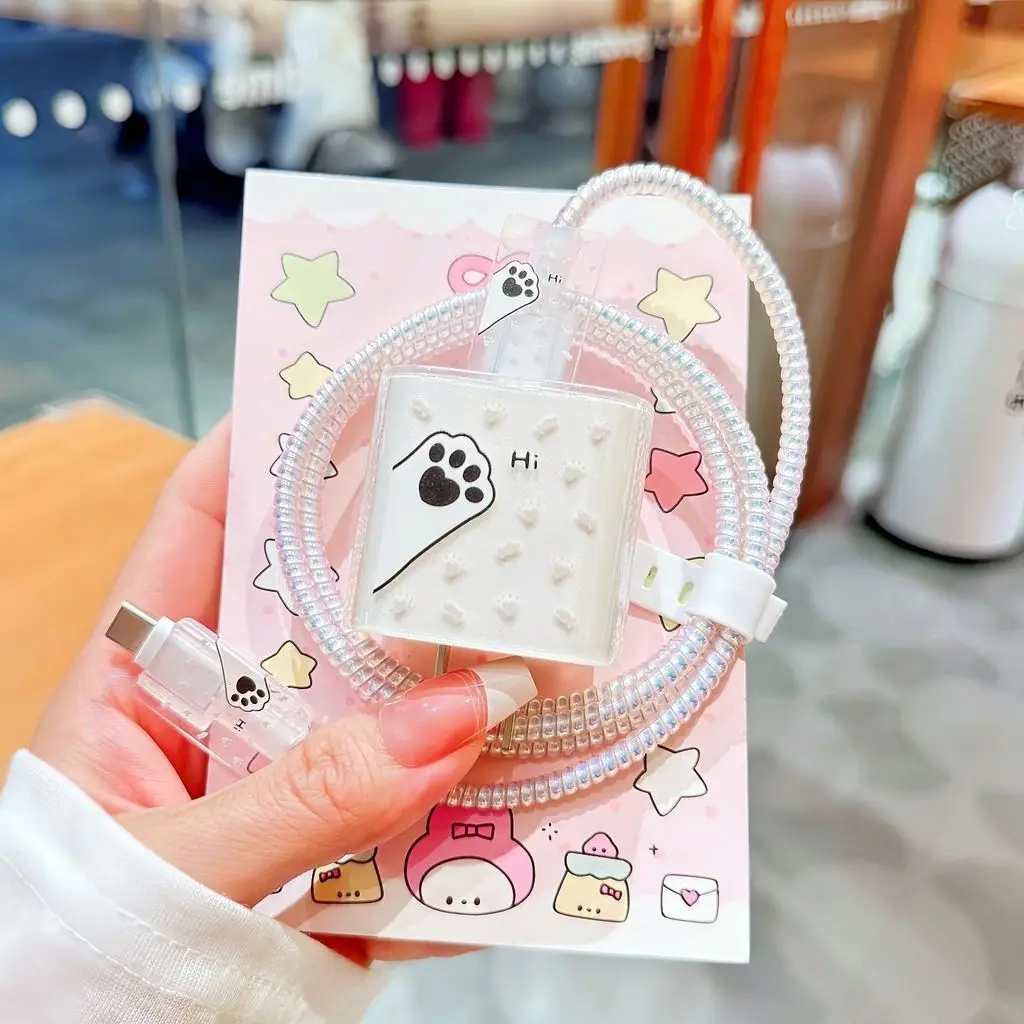 Charger Protector Cover for Apple 18W 20W Cute Cat's Paw Charger Head Protective Case Spring Cable Winder Accessories