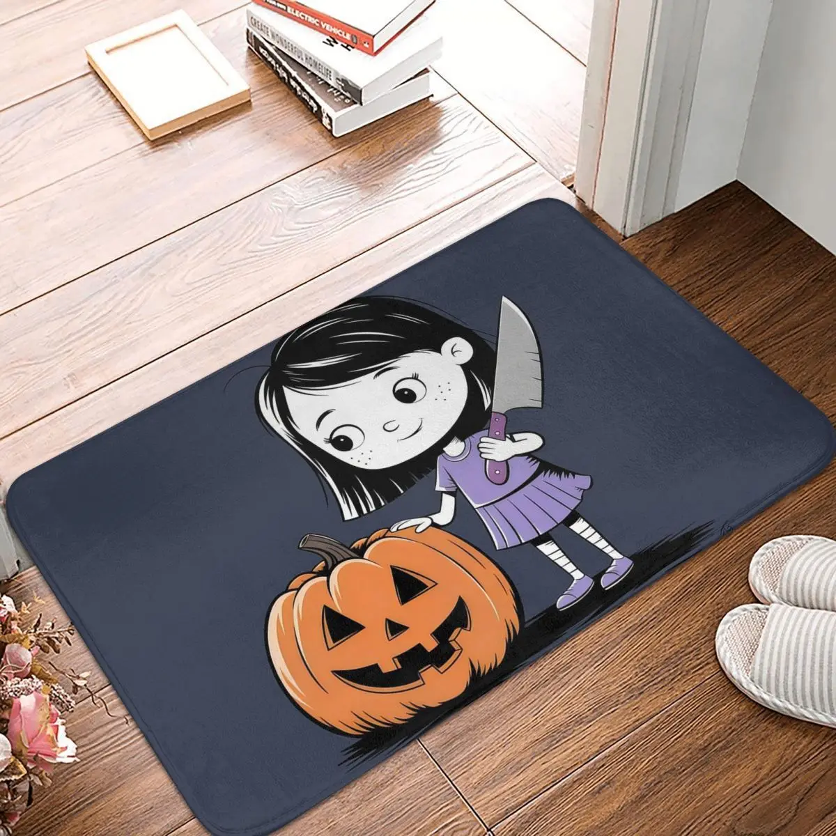 Girl Holding A Knife Standing Next To A Pumpkin Non-slip Doormat Floor Mat Carpet Rug for Kitchen Entrance Balcony Footpad Mats