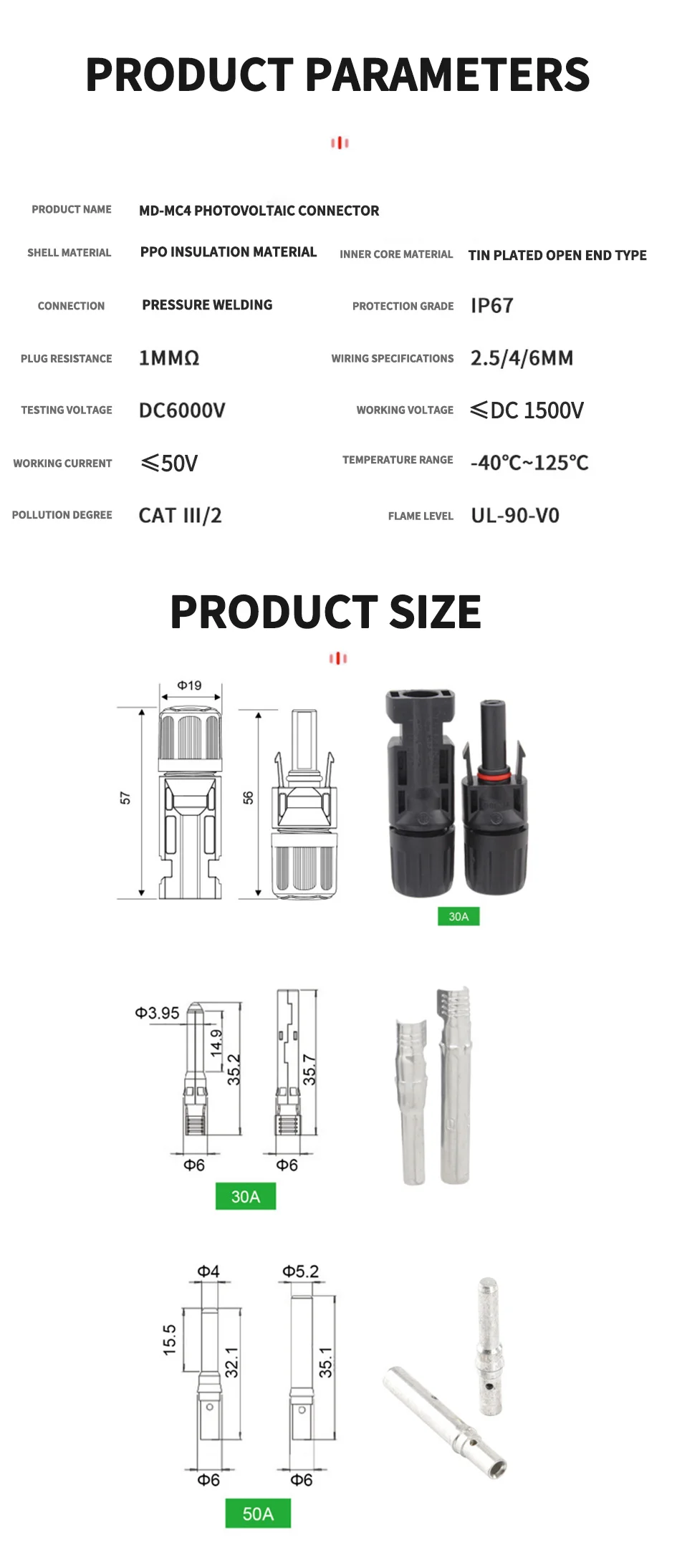 10/20/40/100/200/400-teiliges Solar-PV-Steckverbinder-Set – 1000 V, 30 A, MC4-kompatibel für 2,5/4/6 mm² Kabel, wasserdichter Stecker für Solarmodule – Detail 2