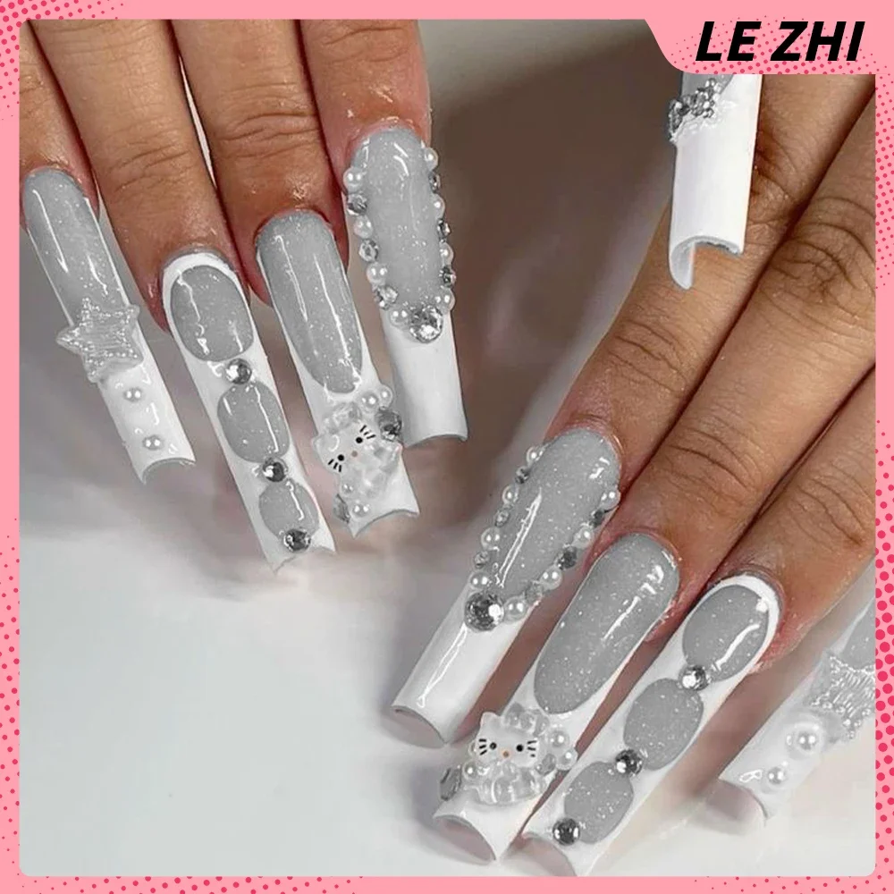 XL Square Cartoon 3D Fake Nails Hello Kitty Mymelody Kuromi Kawaii Pink Diamond Strong Firm Long Press On Party sticker