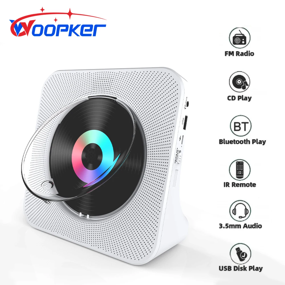 

Woopker KC-806 Portable CD Player 5.0 Bluetooth 2.0 Speaker Stereo track Infrared remote control FM radio support CD/CD-R/CD-RW