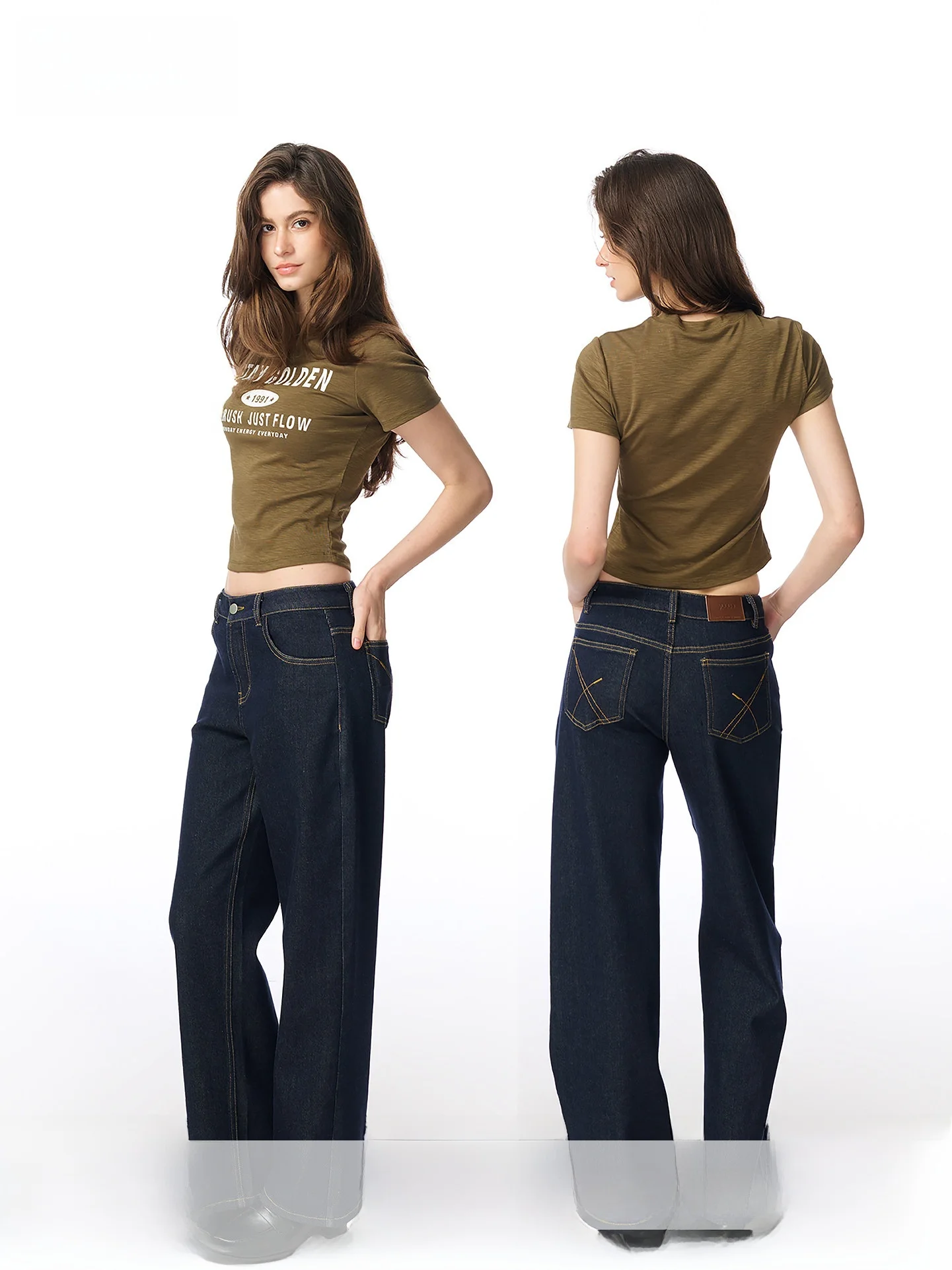 

Yuuue Women's 9-Leg Length Original Jeans Straight Leg Washed Spring 2026 Mid-Waist Slimming Contrast Color Cotton Blend