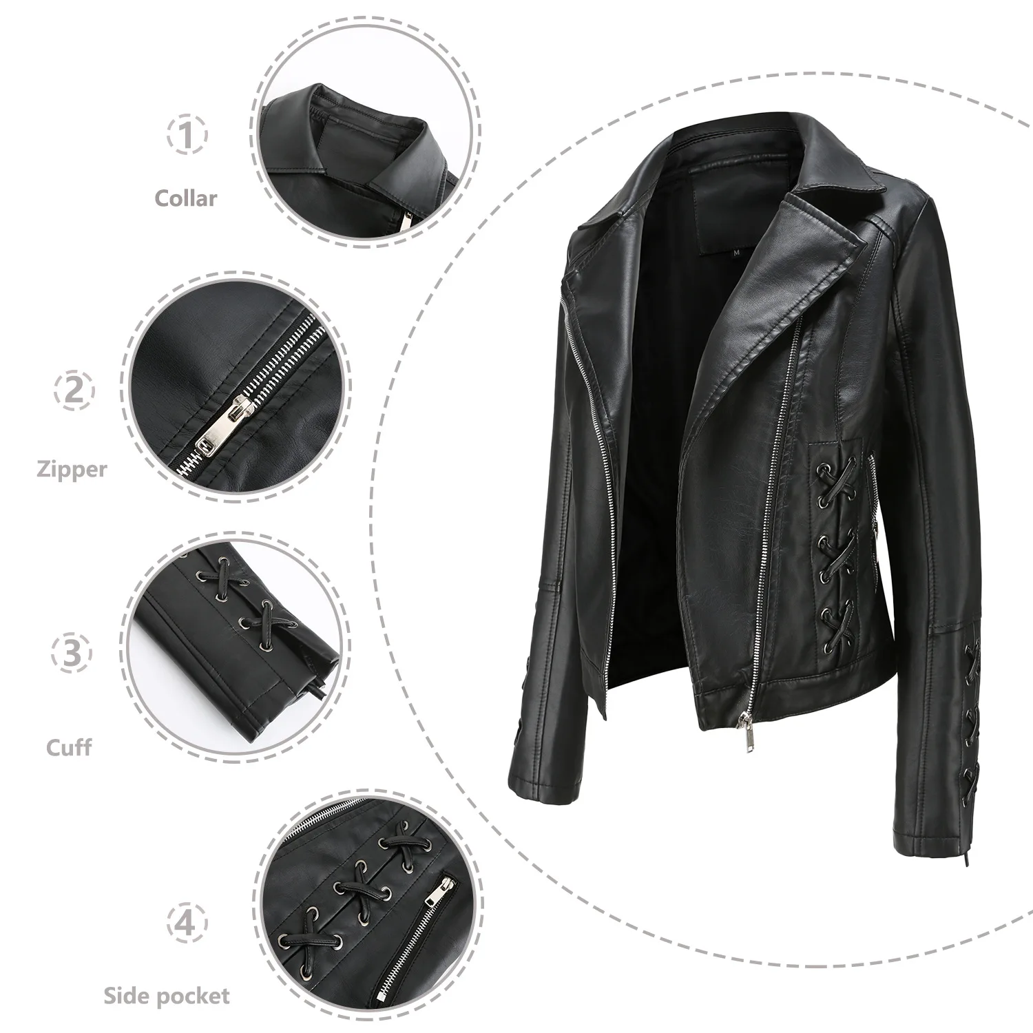 Woven Bandage Leather Jacket Spring Fashion PU Coat Female Casual Zipper Long Sleeve Moto Biker Black Windproof Outwear