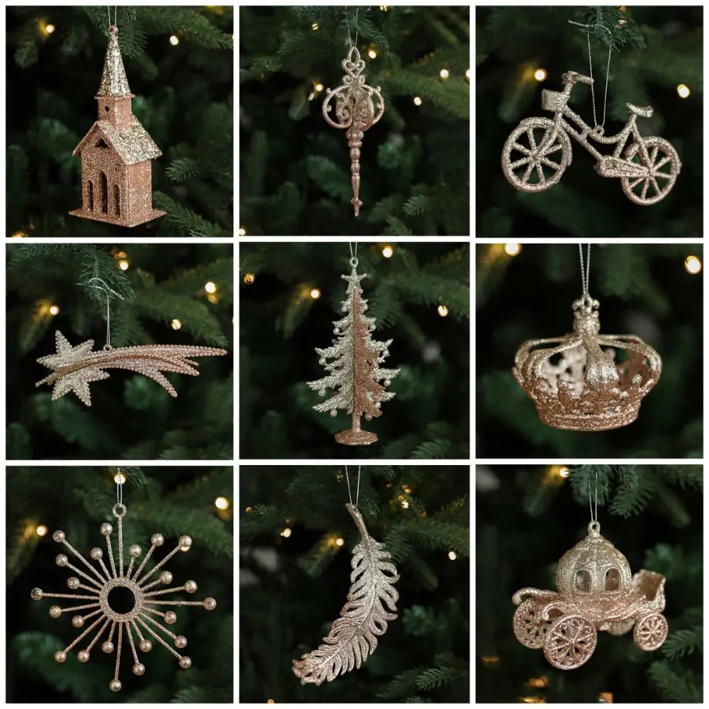 Gold Christmas Hanging Decoration Plastic House Bike Hanging Pendants Shimmering Festival Favors Xmas Ornament Ball Scene Making