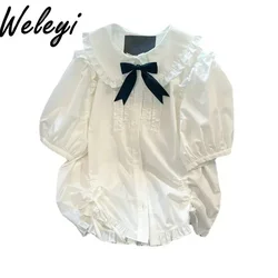 Jirai Kei Kawaii Rojita Shirt for Women Summer 2024 Japanese Sweet Cute Preppy Style Bow White Short Sleeve Col Claudine Blouse