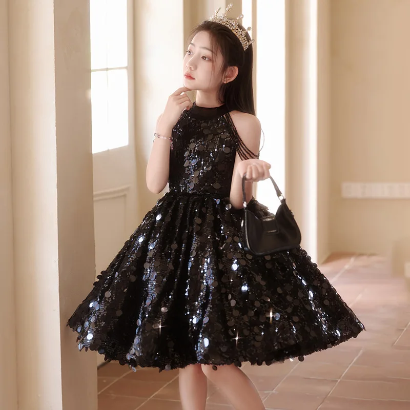 Black girl dress light luxury niche high-end host princess dress summer children's runway piano performance