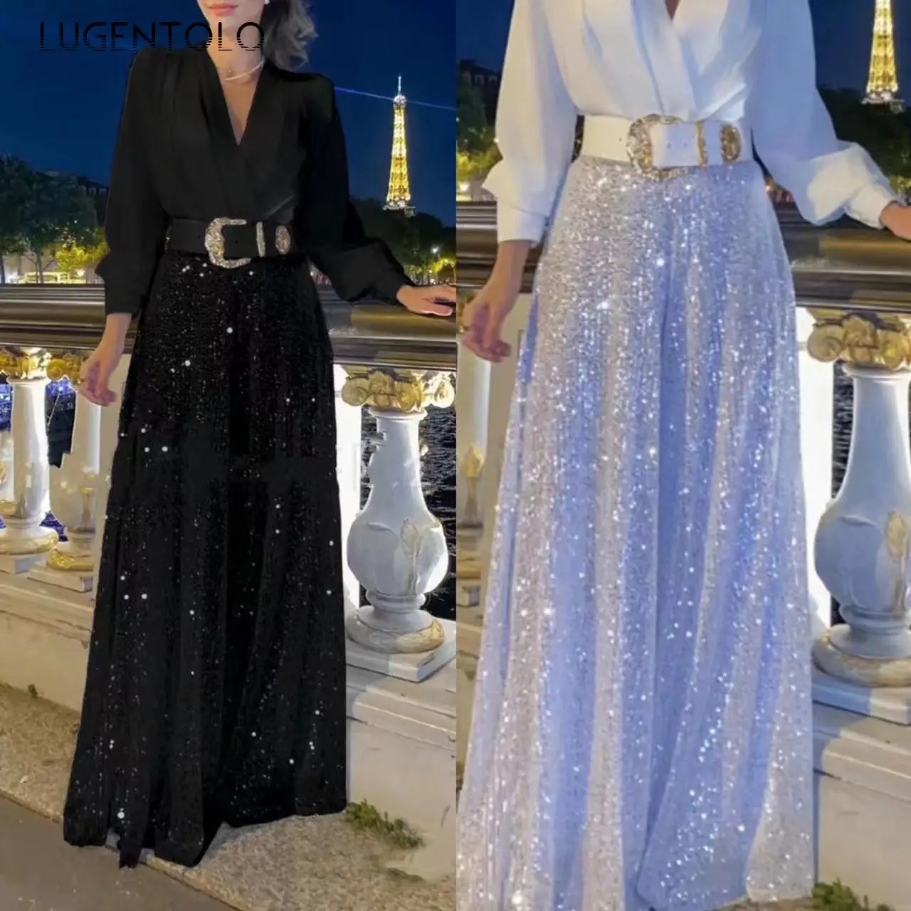 

Женский элегантный комплект из рубашки и брюк с блестками, женский модный однотонный элегантный брючный комплект с V-образным вырезом и длинными брюками с высокой талией