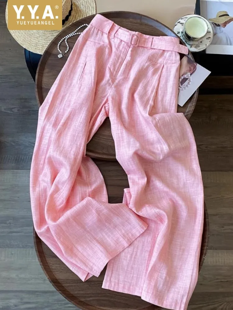 

Women Sweet Pink Korean Style High Waist Casual Straight-Leg Pants Autumn Loose Fit Office Lady Full Length Wide Legs Trousers