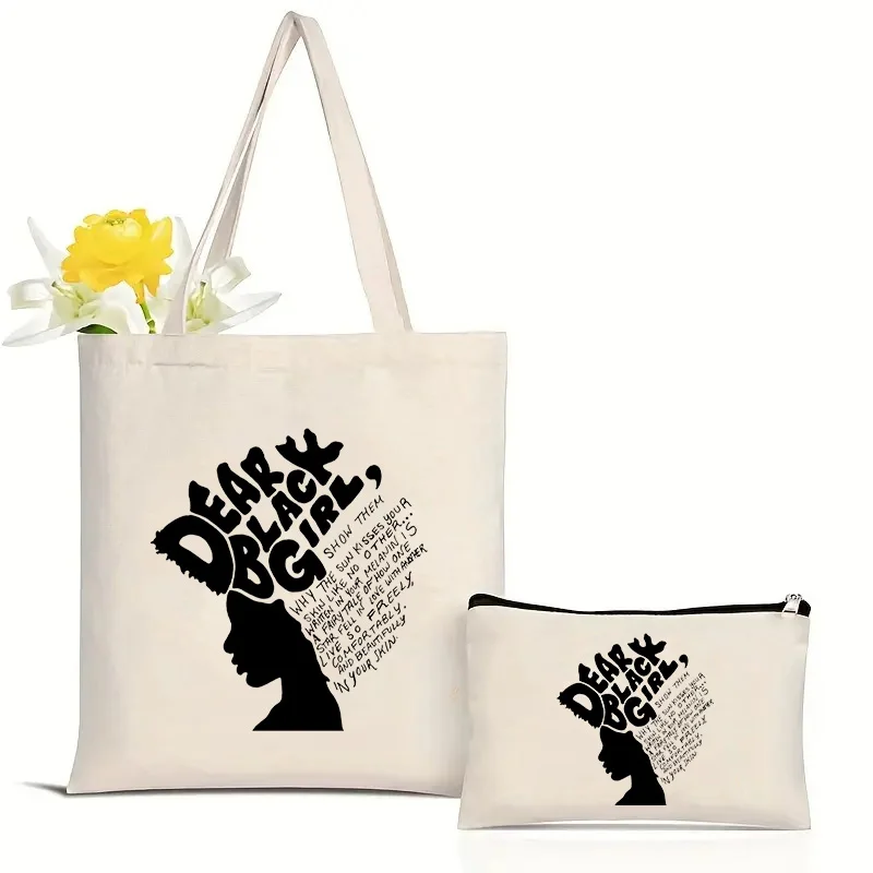 

Melanin Print Reusable Shopping Bag Set Makeup Bag Women Canvas Tote Bags Printing Eco Bag Cartoon Shopper Shoulder Bags