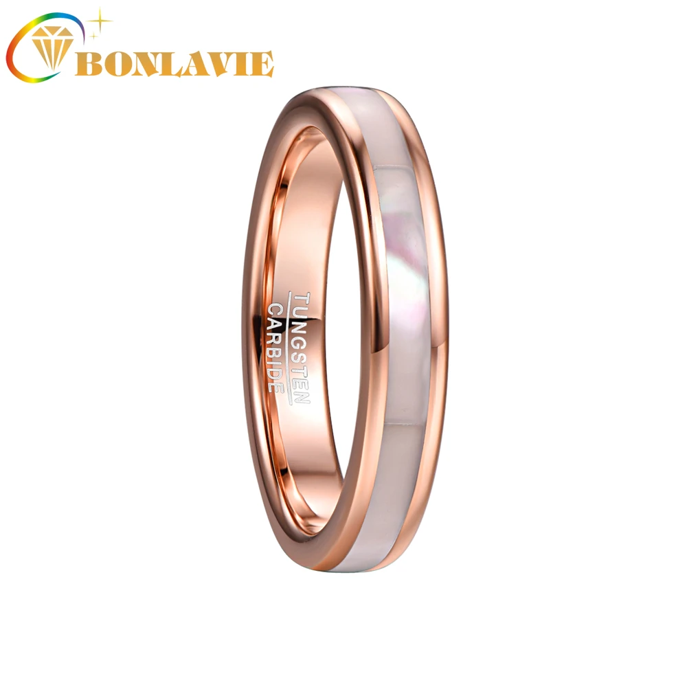 

BONLAVIE 4mm Tungsten Carbide Ring Women's Rose Gold Tungsten Steel Ring with Mother of Pearl Shell Comfort Fit Size 5-10