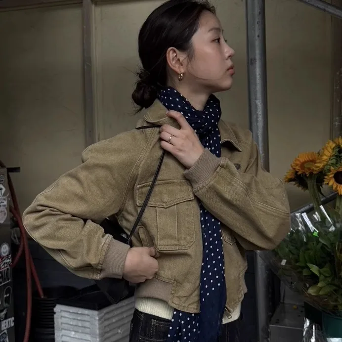 

Ретро-куртка в рабочем стиле с эффектом потертости, женская верхняя одежда, парный стиль, Barnet Eight Milk, повседневная свободная куртка с длинными рукавами на молнии