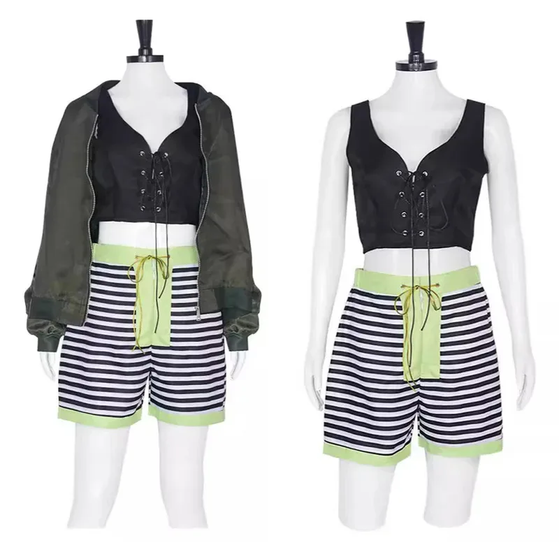 

Movie Leon Mathilda Cosplay Costume Tops Green Coat Striped Shorts Suit Mathilda Role Play Uniform Halloween Carnival Party