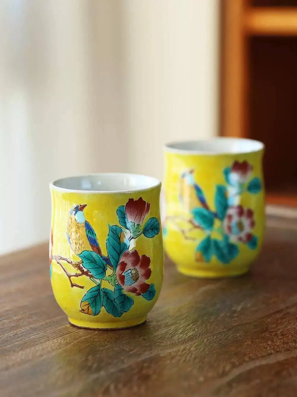 In-Stock Japanese Imported Kutani Ware Yoshidaya Cherry Blossom And Bird Couple Tea Cups Anniversary Gift Box Set