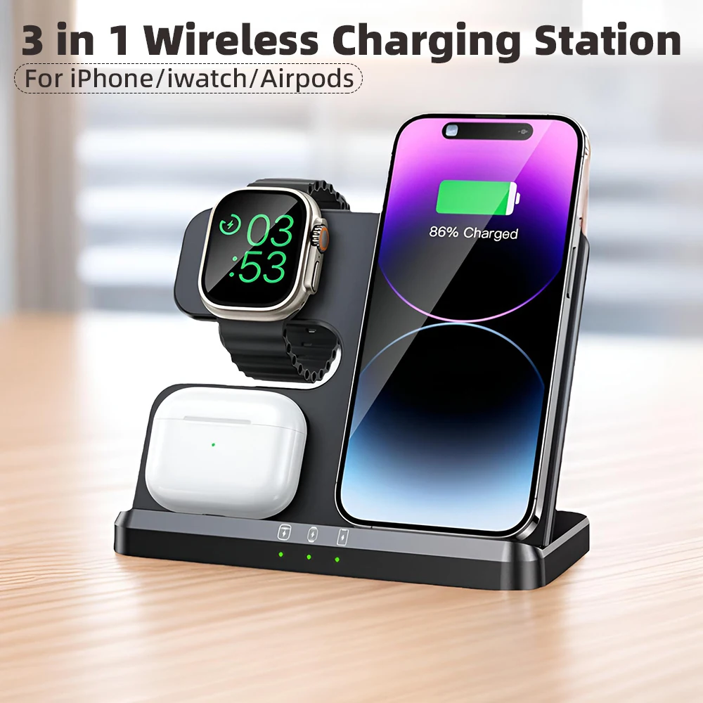 

Desktop 3in1 Wireless Charging Station For iPhone 16 15 14 13 12 11 X 8 iWatch 10 9 8 7 6 5 Airpods 4 3 Pro 2 Fast Charger Stand