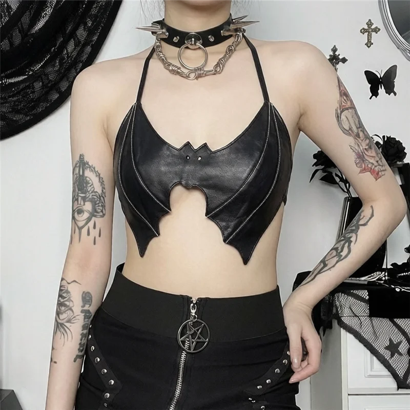 Gothic PU Leather Bat Wing Halter Crop Top Women's Slim Fit Streetwear Punk Rock Party Clubwear Sexy Backless Vest (One Size)