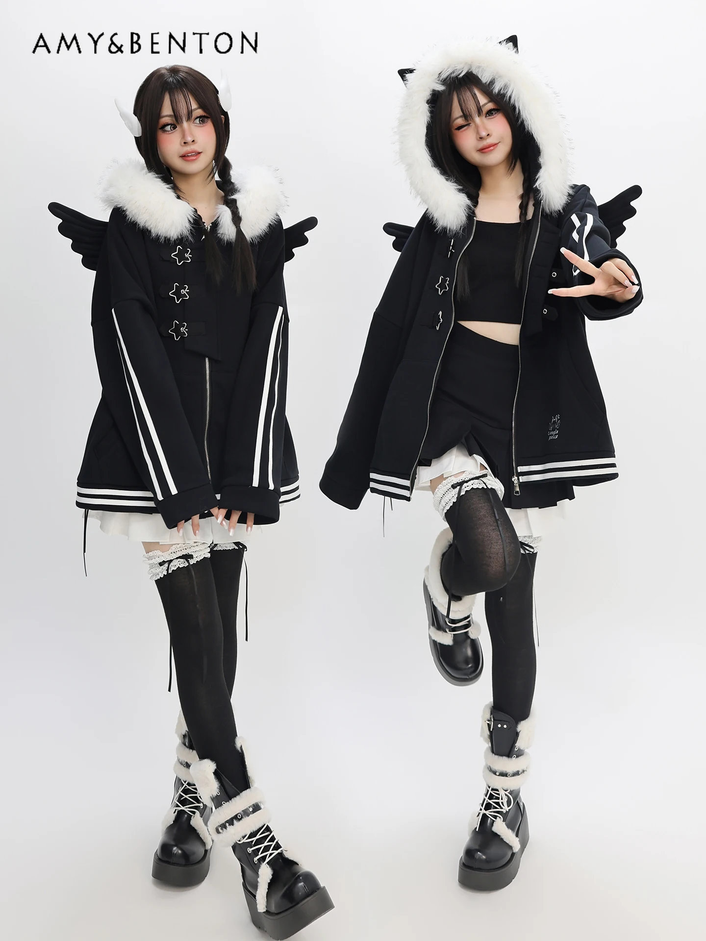 

Оригинальные женские плюшевые куртки с капюшоном в стиле Харадзюку с мультяшным принтом для женщин, утолщенная теплая зимняя готическая куртка Y2K