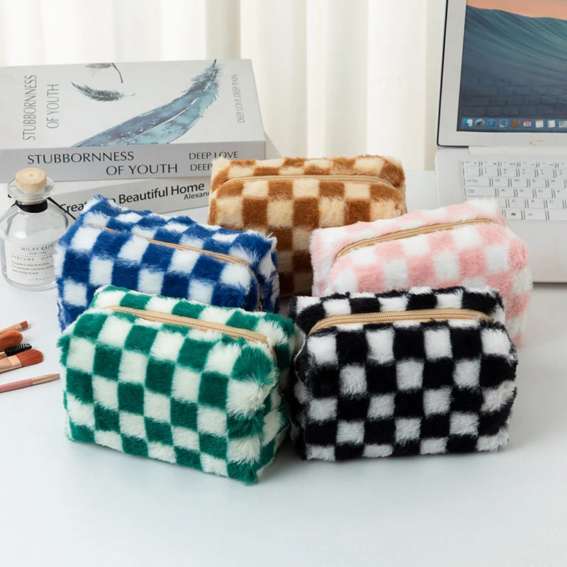 Korean Plush Plaid Pencil Case Checkerboard Plush Storage Bag Travel Cosmetic Bag Multifunction Stationery Pouch For Girl Gifts