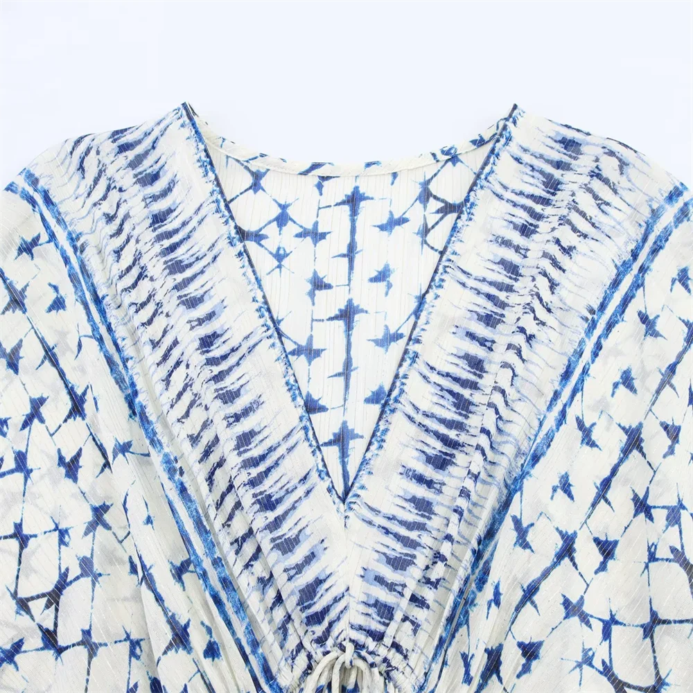 BM & MD & ZA2025 خط ذهبي مطبوع على شكل حرف v وأكمام طويلة فستان فضفاض غير رسمي متعدد الاستخدامات تنورة قصيرة ملابس نسائية صيفية جديدة #6