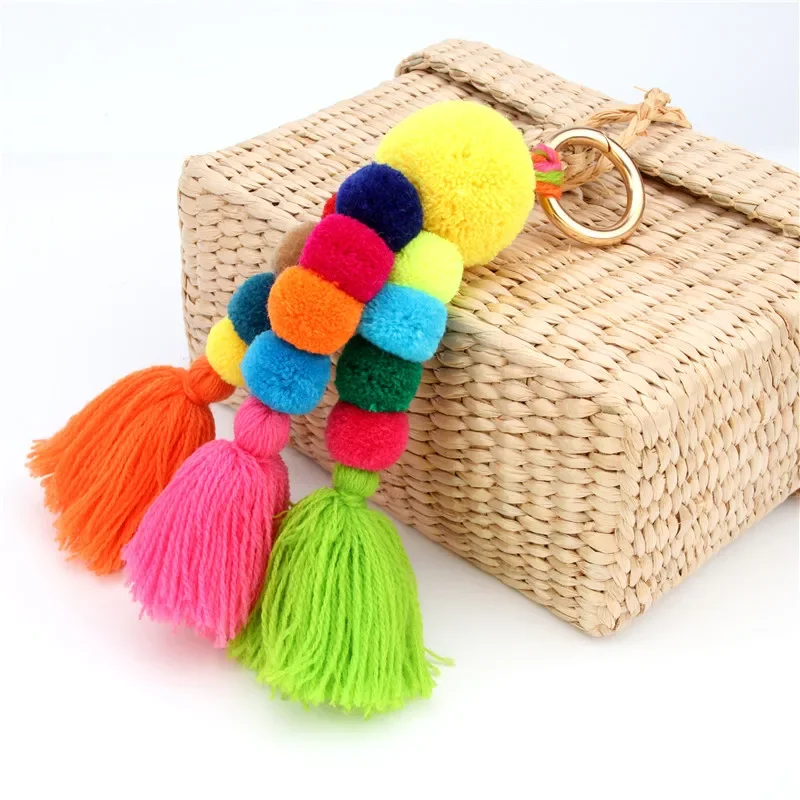 1pc  Bohemian Accessories Handmade Keychain Beads Chain Pompom Hand Bag Hanging Key Chains For New Year Gift