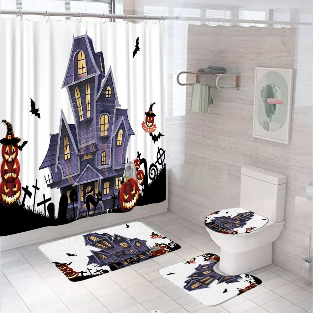 4Pcs Halloween Castle Pumpkin Shower Curtain Set With Rug Toilet Lid Cover Bath Mat Black Cat Bat Fabric Bathroom Decor Curtains