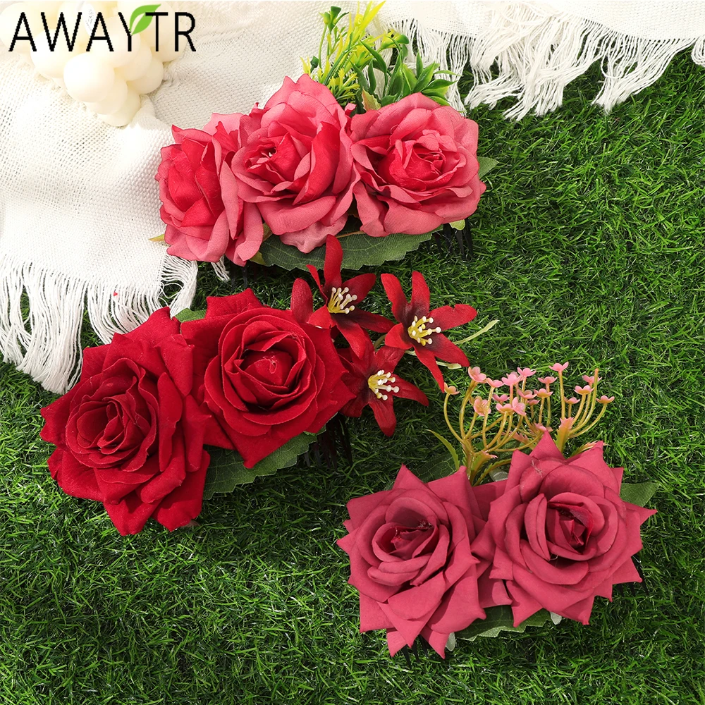 AWAYTR Curled Red Rose Hairpin Fashion Farbic Hair Clips Valentine Headwear Girl Hair Accessories Festival Gift