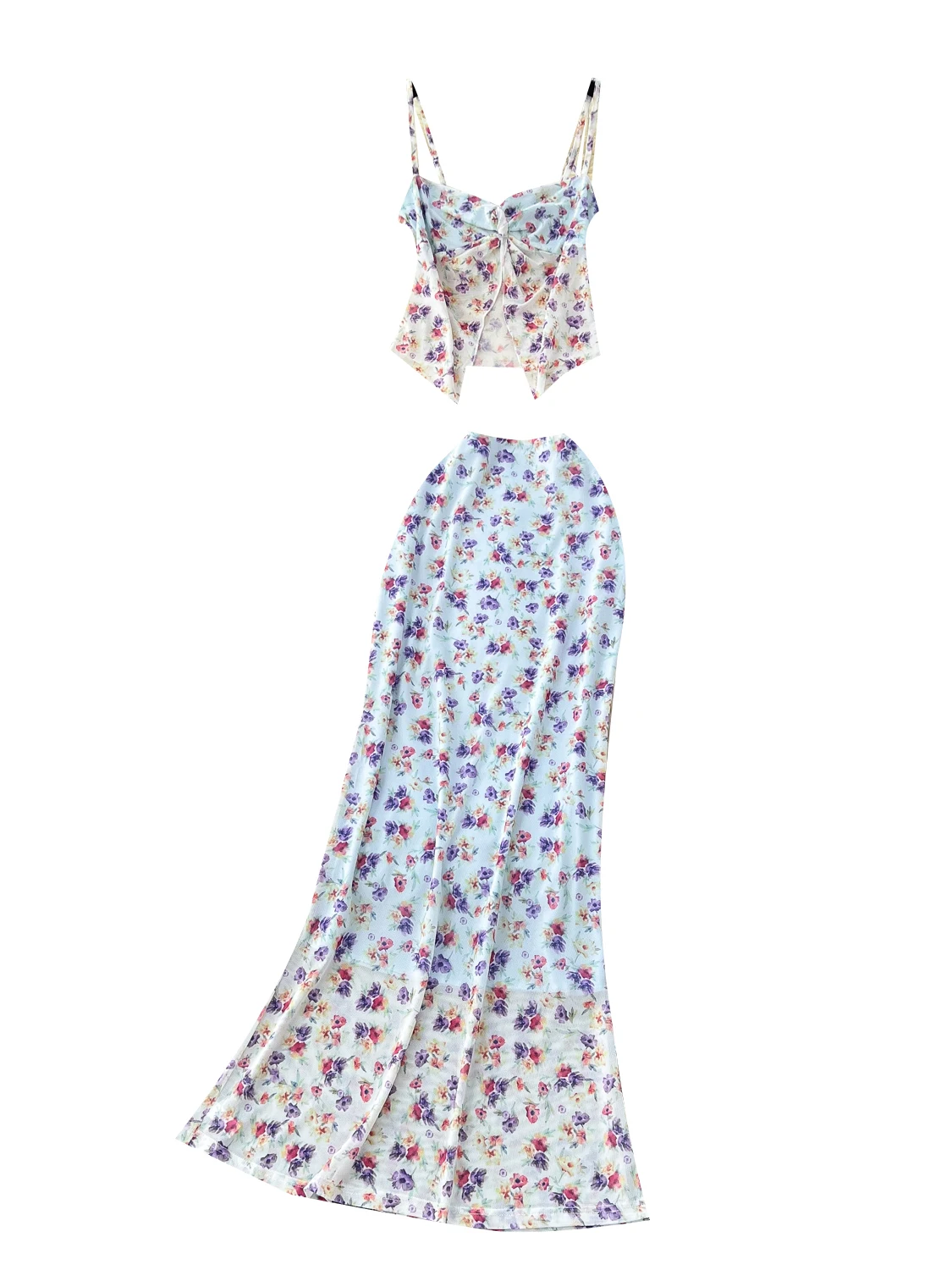 Summer Vaion Women's High Waist Floral ter Vest And  Skirt Two Piece Set Knot Slit Design ort Sve V Ne
