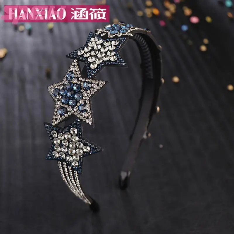 Pentagon headband Czech drill bodies anti-skid wide hair card leather full diamond hair cleaning card crystal headband