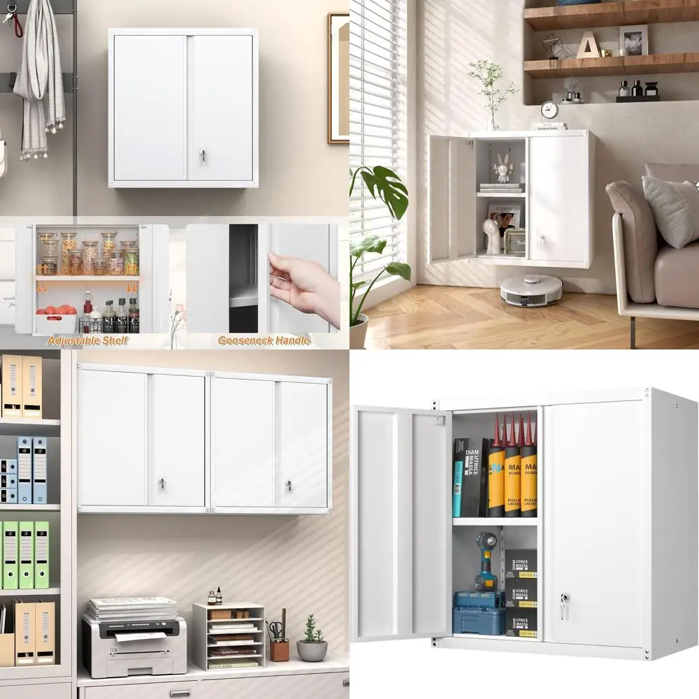 

White Wall-Mounted Storage Cabinet with Lock, Adjustable Shelves for Garage and Utility Rooms