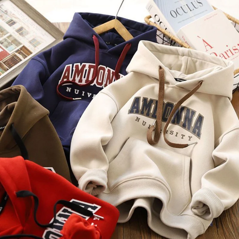 Boys Hoodies Sweatshirts Cotton Thicken Velvet 2022 Red Warm Winter Autumn Outwear Baby\'s Kids Children\'s Clothing
