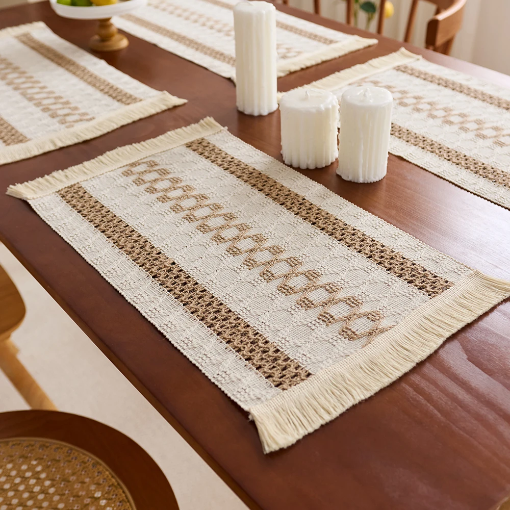 Bohemian Style Placemats Set of 1/4/6pcs 30x50cm Hand-Woven with Tassels Double-Sided Dining Table Mat for Home Decor