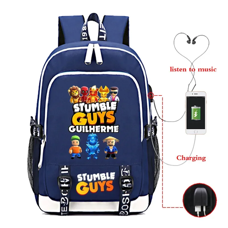 Game Stumble Guys Backpack Teenager Students School Bag USB Charging Port Laptop Bag Cartoon Nylon Rucksack Boys Bookbag Mochila