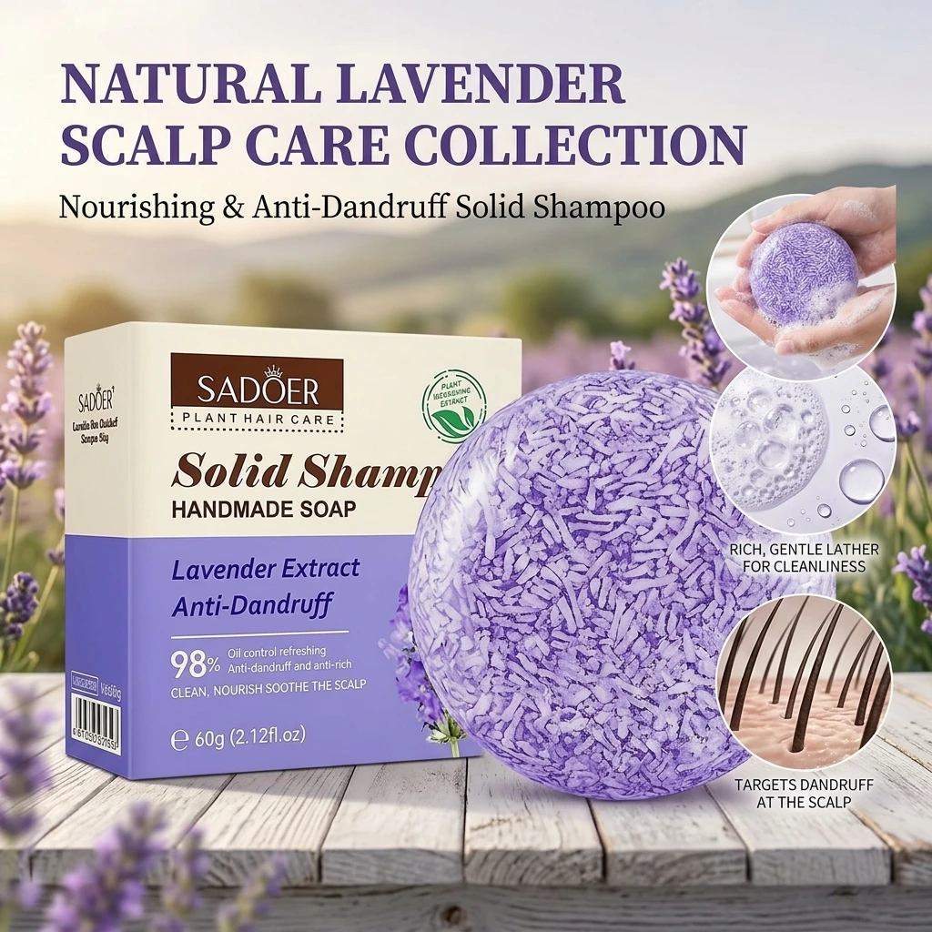 60g SADOER Lavender Solid Shampoo for Dry Damaged Hair Deep Cleaning Oil Control Dandruff Removal Softening Repairing Hair Care