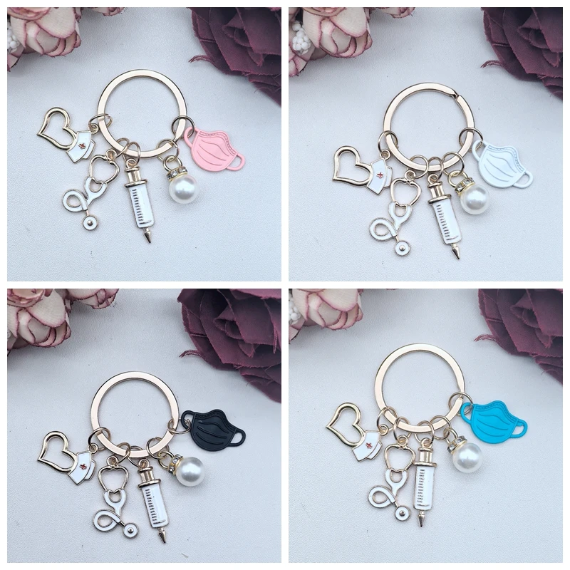 Classic Medical Series Key Chains Metal Syringe Stethoscope Mask Nurse Cap Pendant Car Keyring Accessories Doctor Souvenir Gift