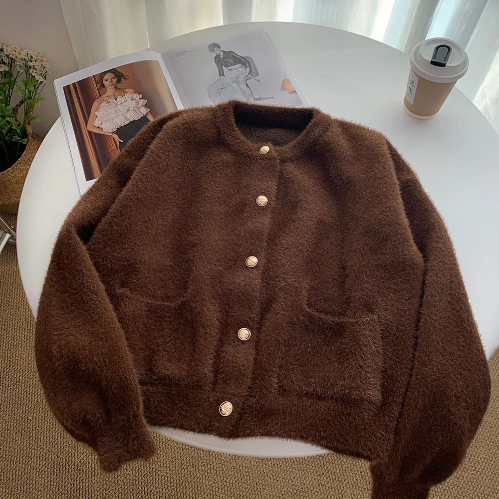 أنيقة الذهب زر سترة المرأة الخريف الشتاء س الرقبة سترة مشغولة من الصوف أعلى تنوعا تقليد فرو المنك معطف واحد الصدر
