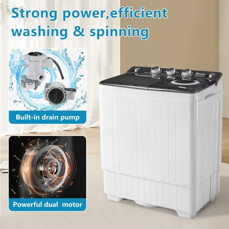 Washing Machine Twin Tub with Built-in Drain PumpSemi-automatic Twin Tube for Apartment  Dorms RVs  Camping and More