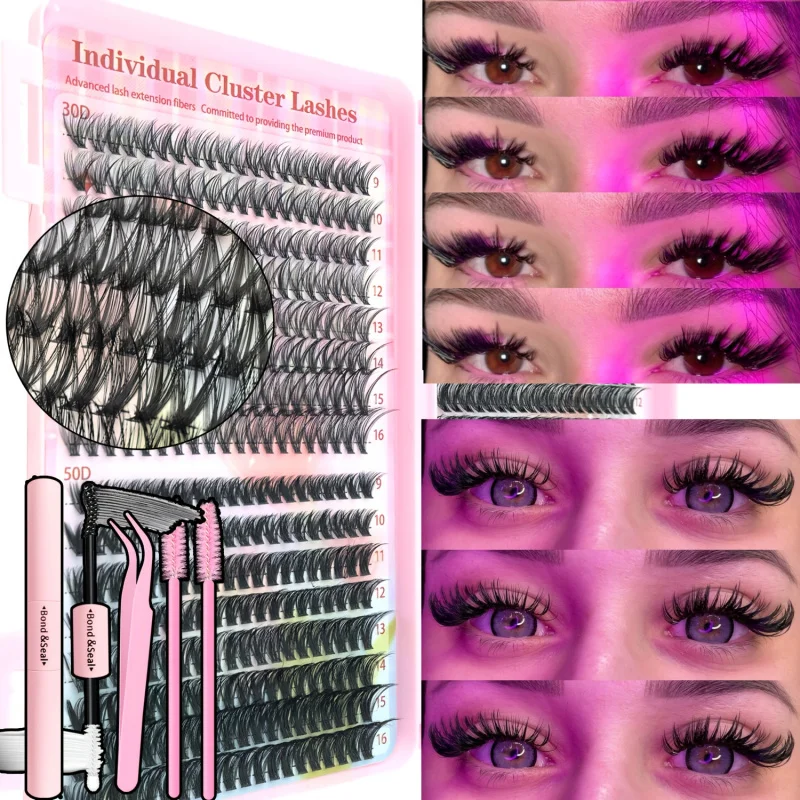 640個入りDIYまつげエクステキット - 9-16mmミックス30D、40D、50Dつけまつげ、接着剤とピンセット付き、再利用可能、簡単に装着可能