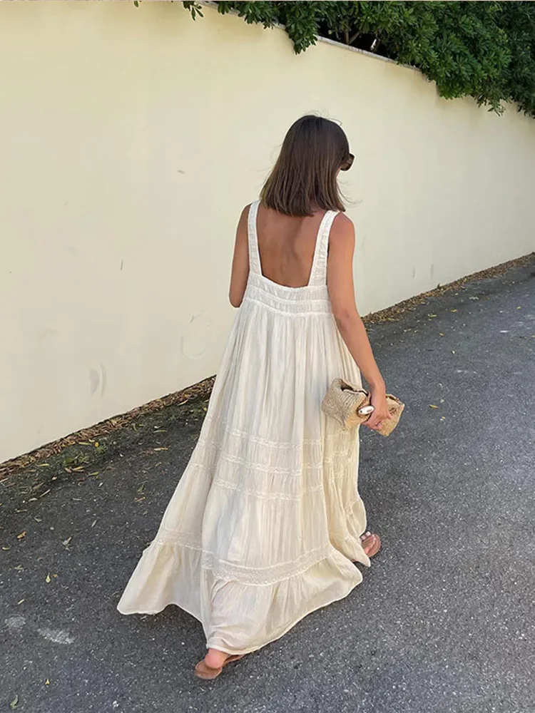 Women\'s Backless Ruffles Strap Dresses Elegant Pleated Off Shoulder Loose Long Dress 2024 Summer Causal Lady Holiday Beach Robes