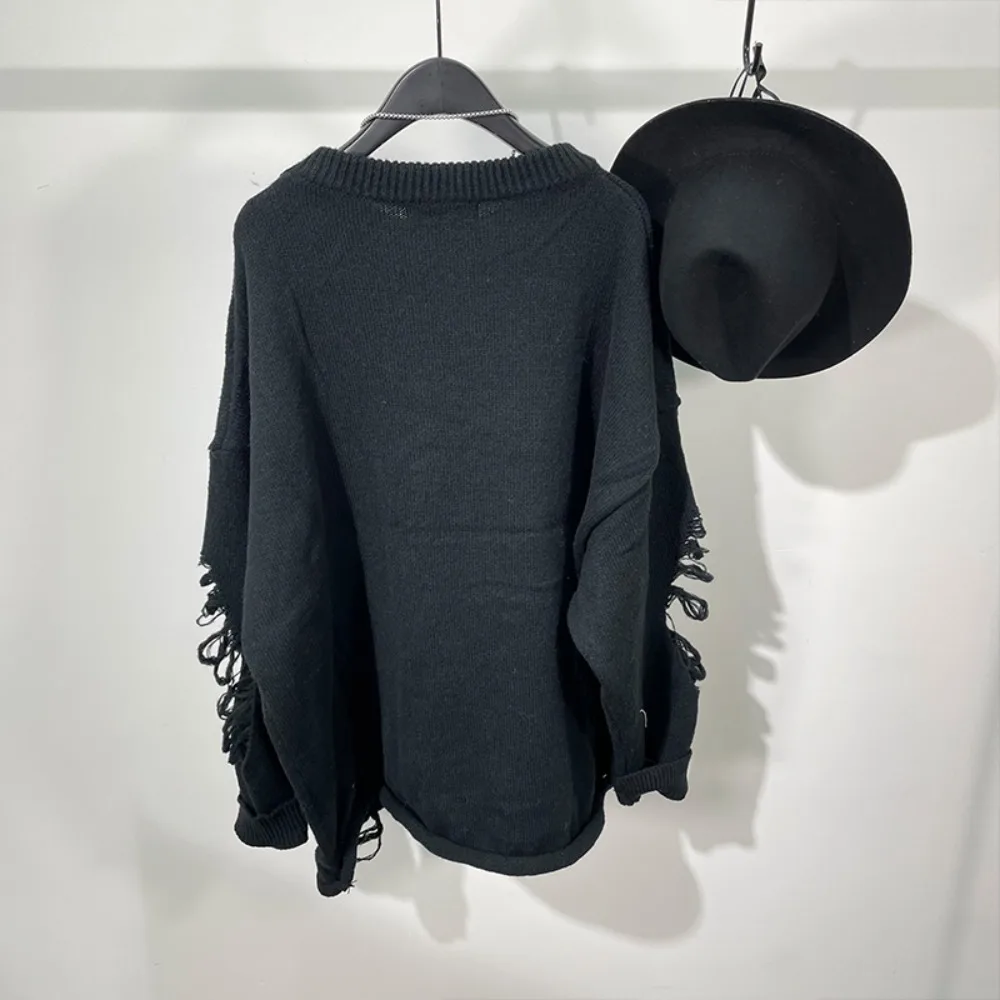 High Street Sweater Dark Style Men's and Women's Loose Sweaters with Holes, Trendy Hip-hop Drop Shoulder Thick Sweater Top