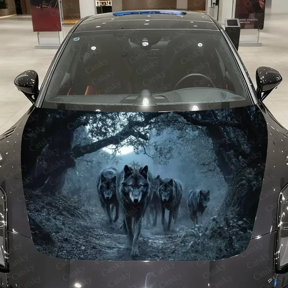 A pack of wolves in the deep forest at night  Car Hood Sticker - Gothic Floral Skull Design, Durable PVC Vinyl Material, Enhance