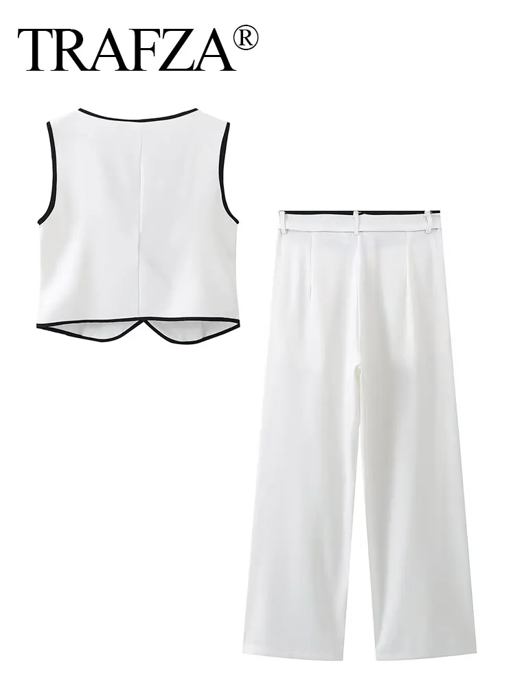 TRAFZA 2024 Summer Women Fashion Pants Set White V Neck Contrasting Short Vest Top + Loose Female Wide Leg Long Pant Streetwear