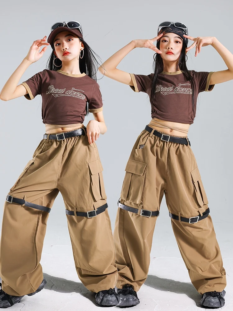 ملابس رقص الجاز للفتيات Kpop أداء الزي البني المحاصيل الأعلى الهيب هوب بنطلون أطفال عرض الرقص المرحلة زي ملابس الشارع 2104