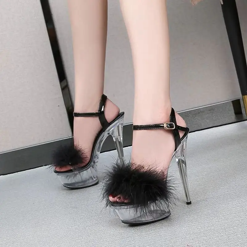 

Fashion Designer Sandals Women Transparent Fluffy Ankle Buckle Stiletto High Heels Sexy Pumps Nightclub Prom Runway Show Shoes