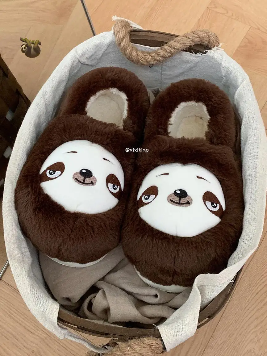 

Cute Sloth Cotton Slippers For Men And Women 2024 Winter indoor household Cute Warm Fur Shoes For Couples Home Shoes