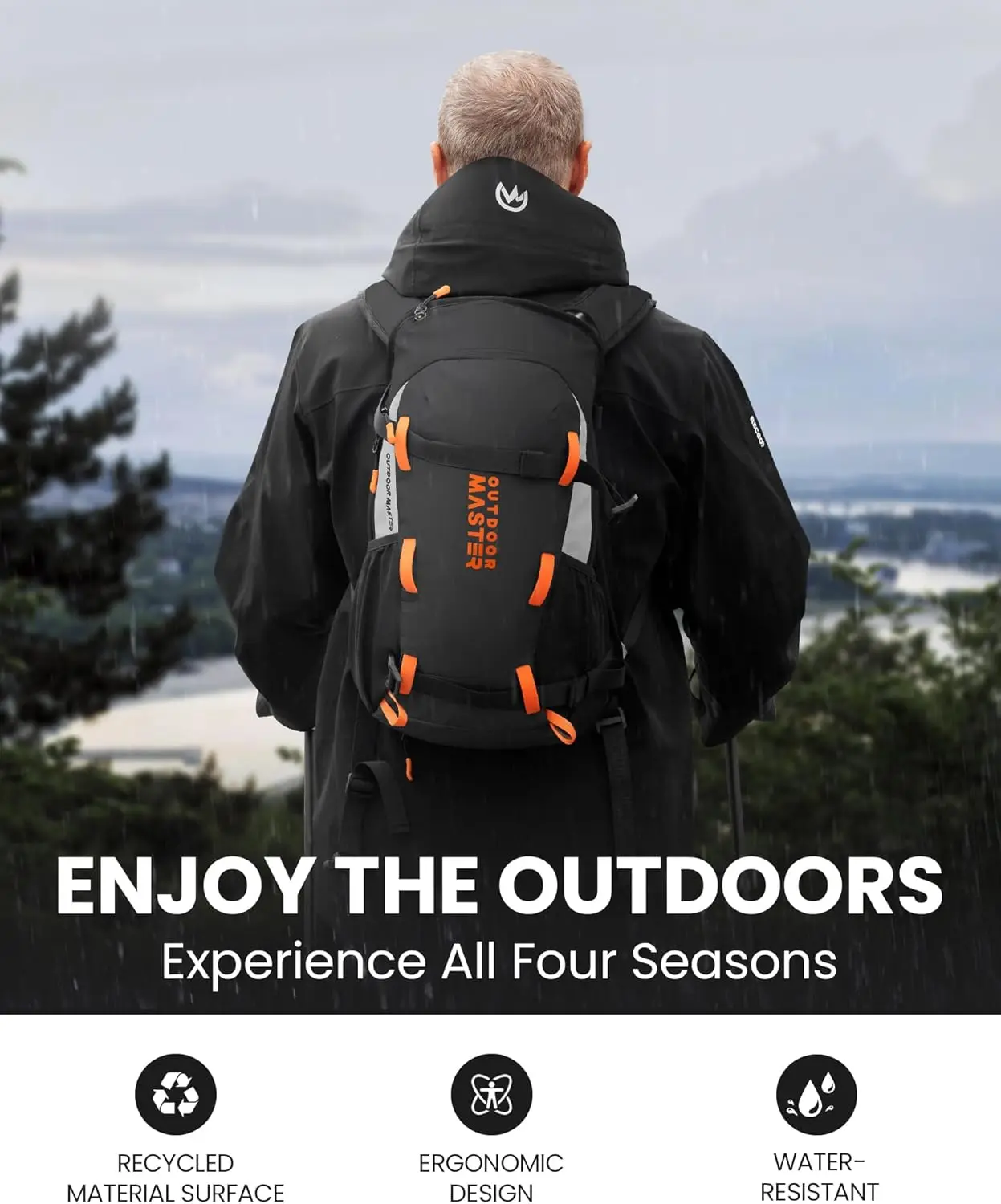 عبوة ترطيب الثلج، حقيبة نهارية للسفر سعة 18 لترًا للتزلج على الجليد والتزلج والمشي لمسافات طويلة وركوب الدراجات - مصنوعة من مواد معاد تدويرها - أسود