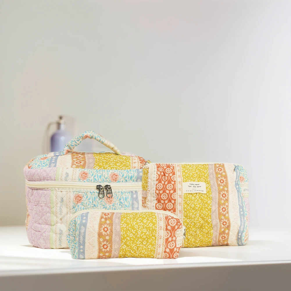 

3 Pcs Cotton Quilted Makeup Bag Large Women Floral Cosmetic Bag Zipper Toiletry Organizer Bag Travel Bag