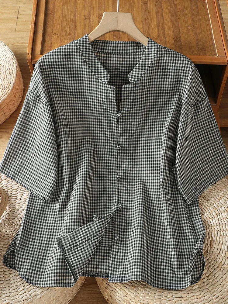 Camisa Retro de Algodón y Lino a Cuadros Blancos y Negros de Cinco Mangas para Mujer, Top de Verano con Cuello Mao y Botones, Modificado, Estilizado y con Abertura