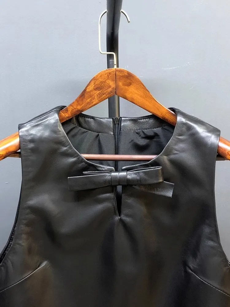 ผู้หญิงแฟชั่นของแท้หนัง O-คอ Bowknot Patchwork Sequined Elegant Party สุภาพสตรี A-Line Tank ชุดเดรสสั้น