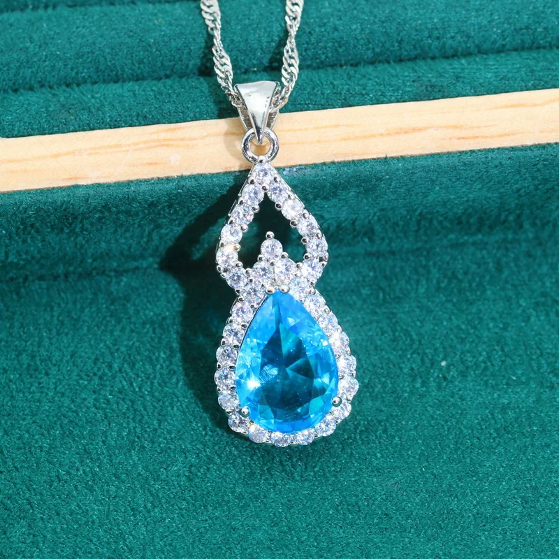 Droplet Shaped Silver 925 Jewelry Sets For Women Baby Blue Red Zircon Earrings Necklace Pendant Ring Bracelet Dating Gifts